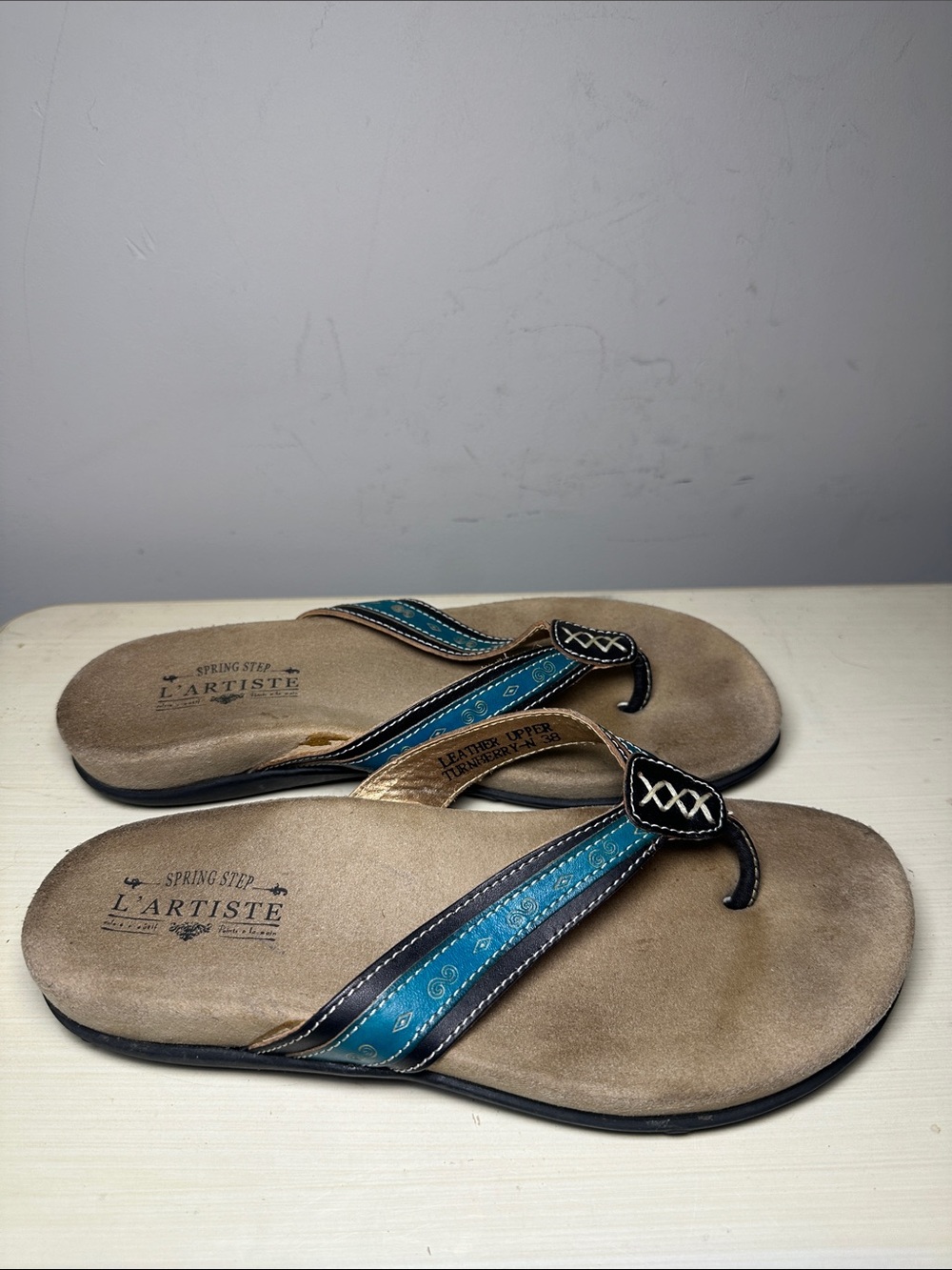 Spring Step L'Artiste Turnberry leather Teal and Brown Embroidered Flip Flops